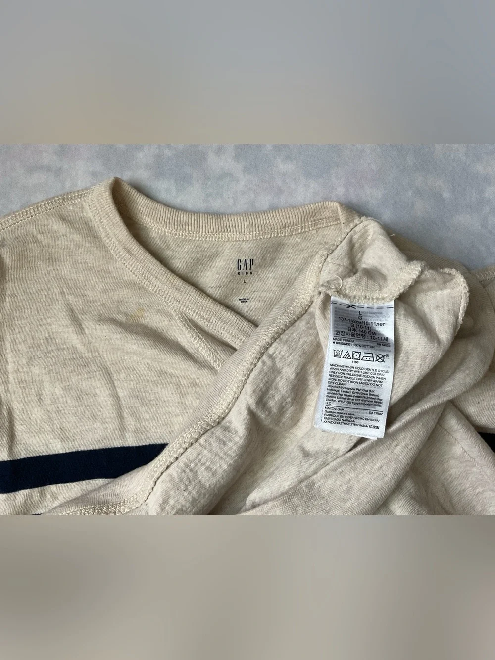 GAP Cream Crewneck Sweater with Navy Horizontal Stripes